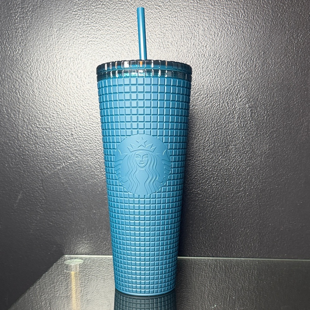 Starbucks Blue Textured Grid Tumbler with Matching Straw
